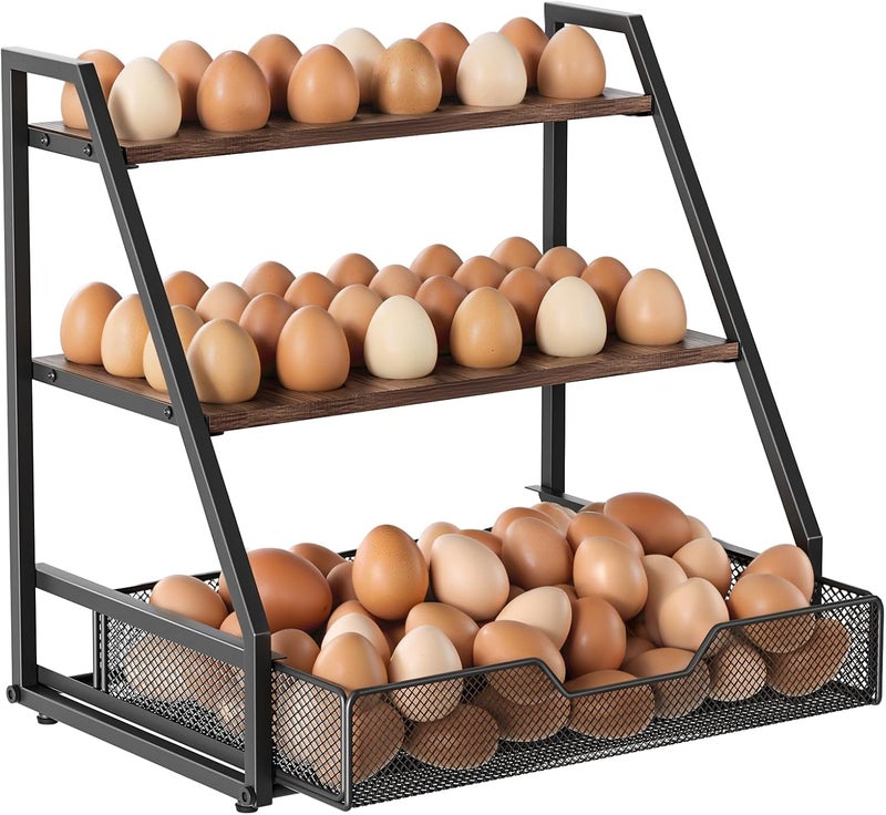 Wolera 3-Tier Wooden Fresh Egg Holder Countertop With Basket for 36+90 Eggs, Wooden Egg Holder Countertop with Carry Handle for Gathering 100+ Eggs, Duck, and Quail Eggs - Image 1